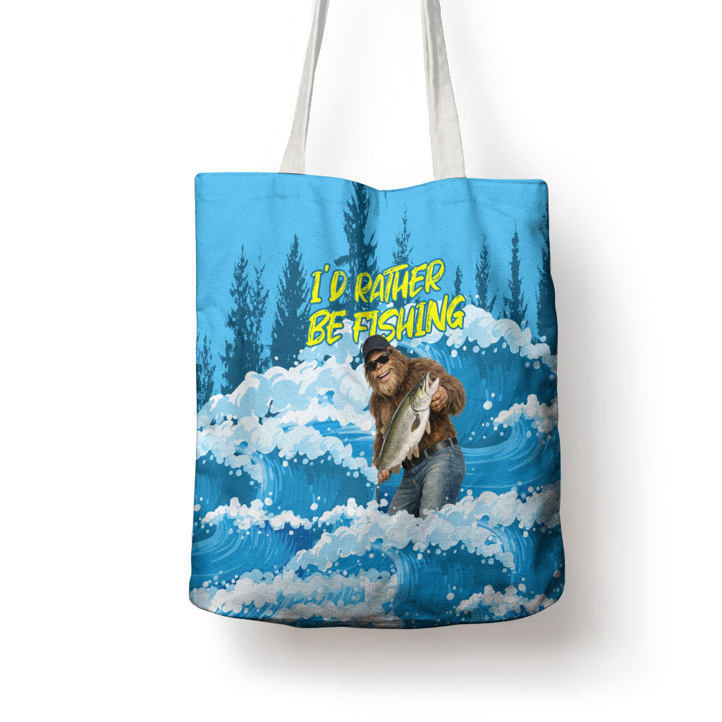 Bigfoot Sasquatch I'd Rather Be Fishing Tote Bag Funny Angler Humorous Outdoors Graphic Art