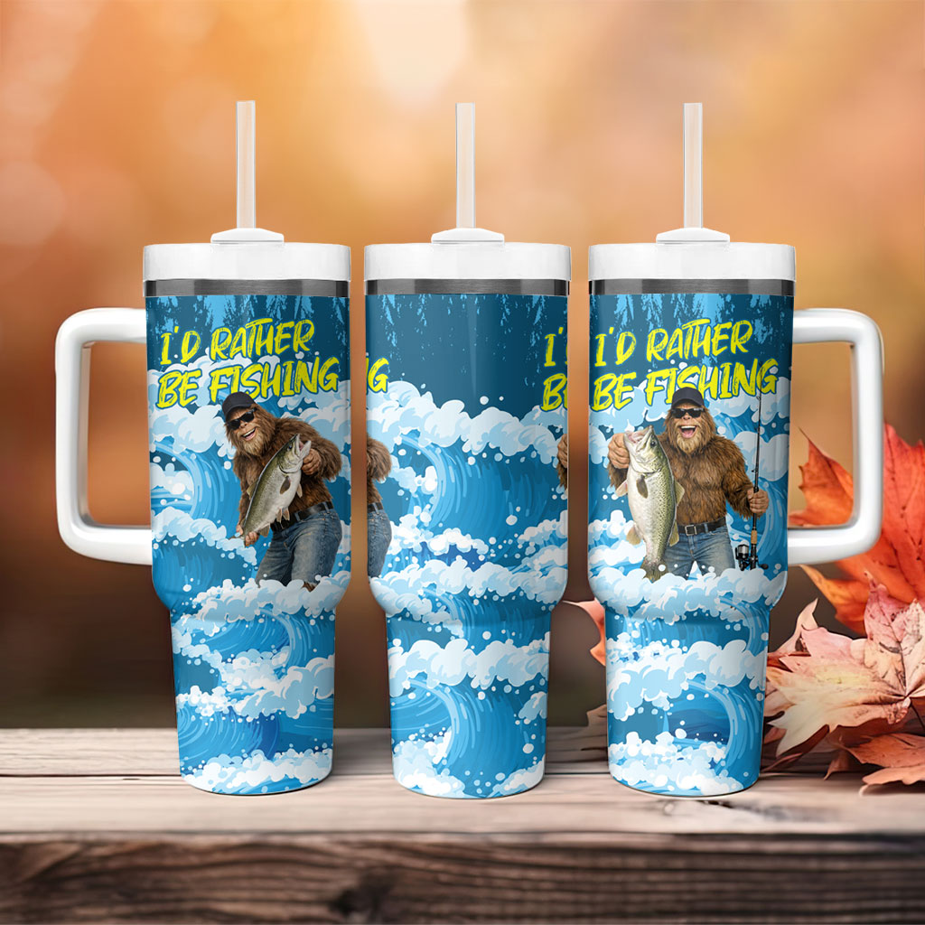 Bigfoot Sasquatch I'd Rather Be Fishing Tumbler With Handle Funny Angler Humorous Outdoors Graphic Art