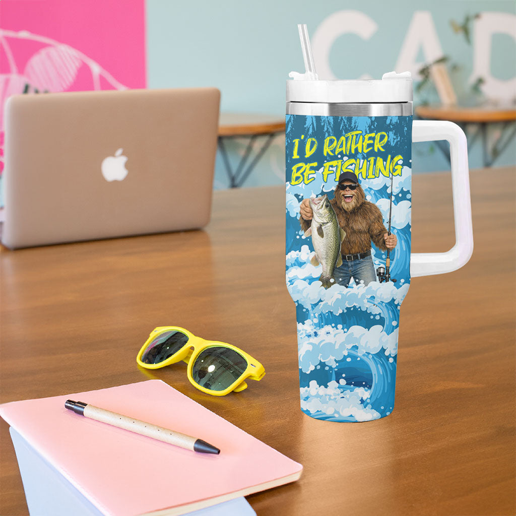 Bigfoot Sasquatch I'd Rather Be Fishing Tumbler With Handle Funny Angler Humorous Outdoors Graphic Art