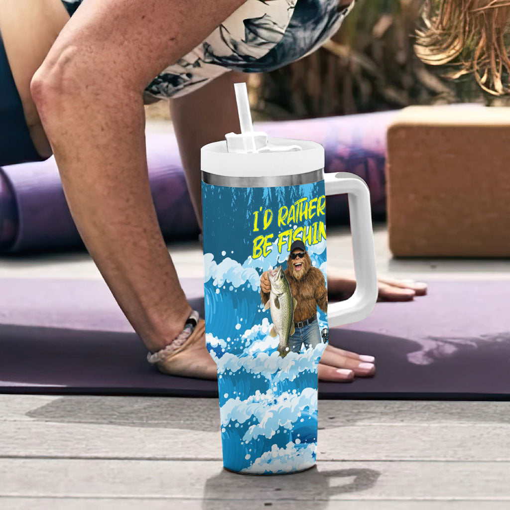 Bigfoot Sasquatch I'd Rather Be Fishing Tumbler With Handle Funny Angler Humorous Outdoors Graphic Art