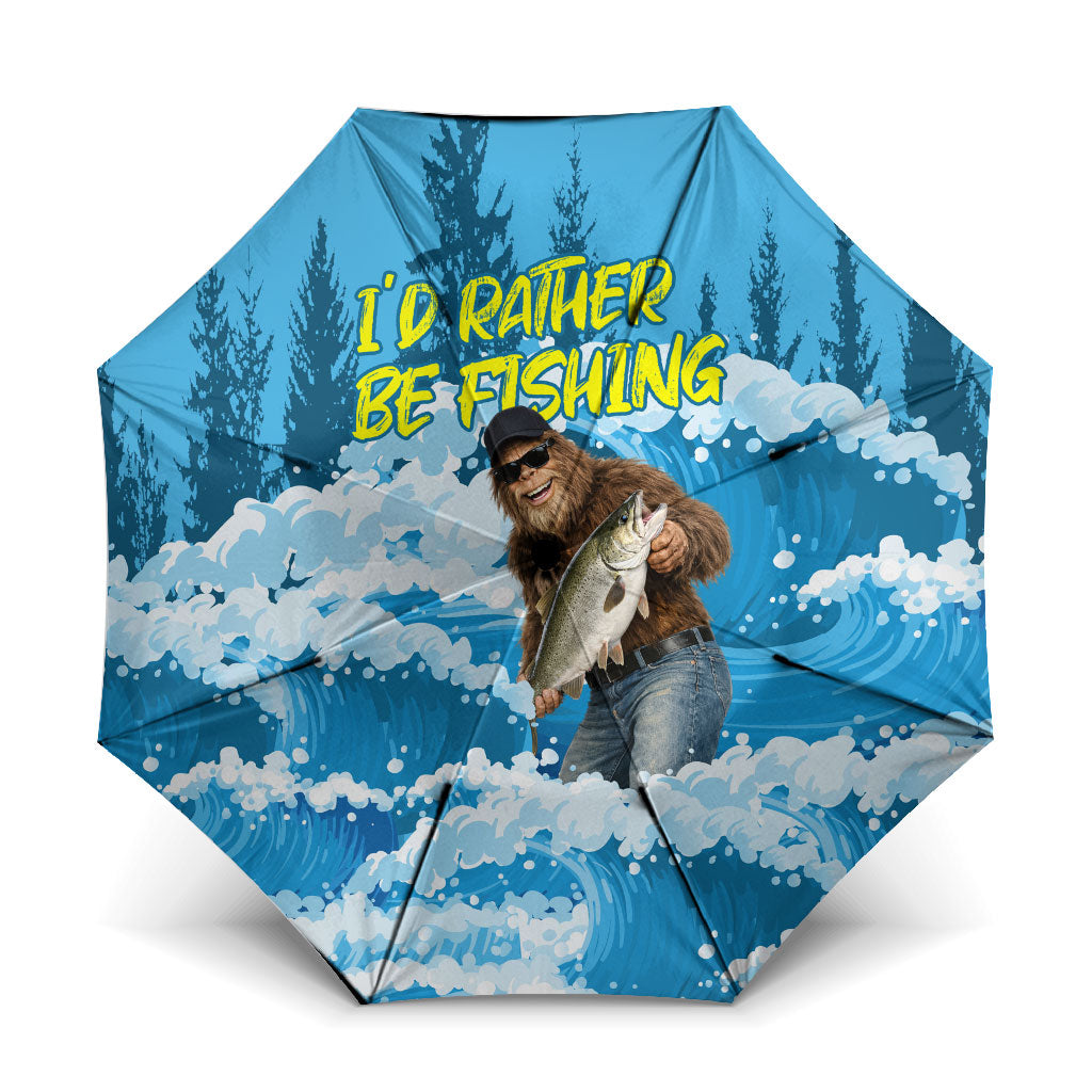 Bigfoot Sasquatch I'd Rather Be Fishing Umbrella Funny Angler Humorous Outdoors Graphic Art