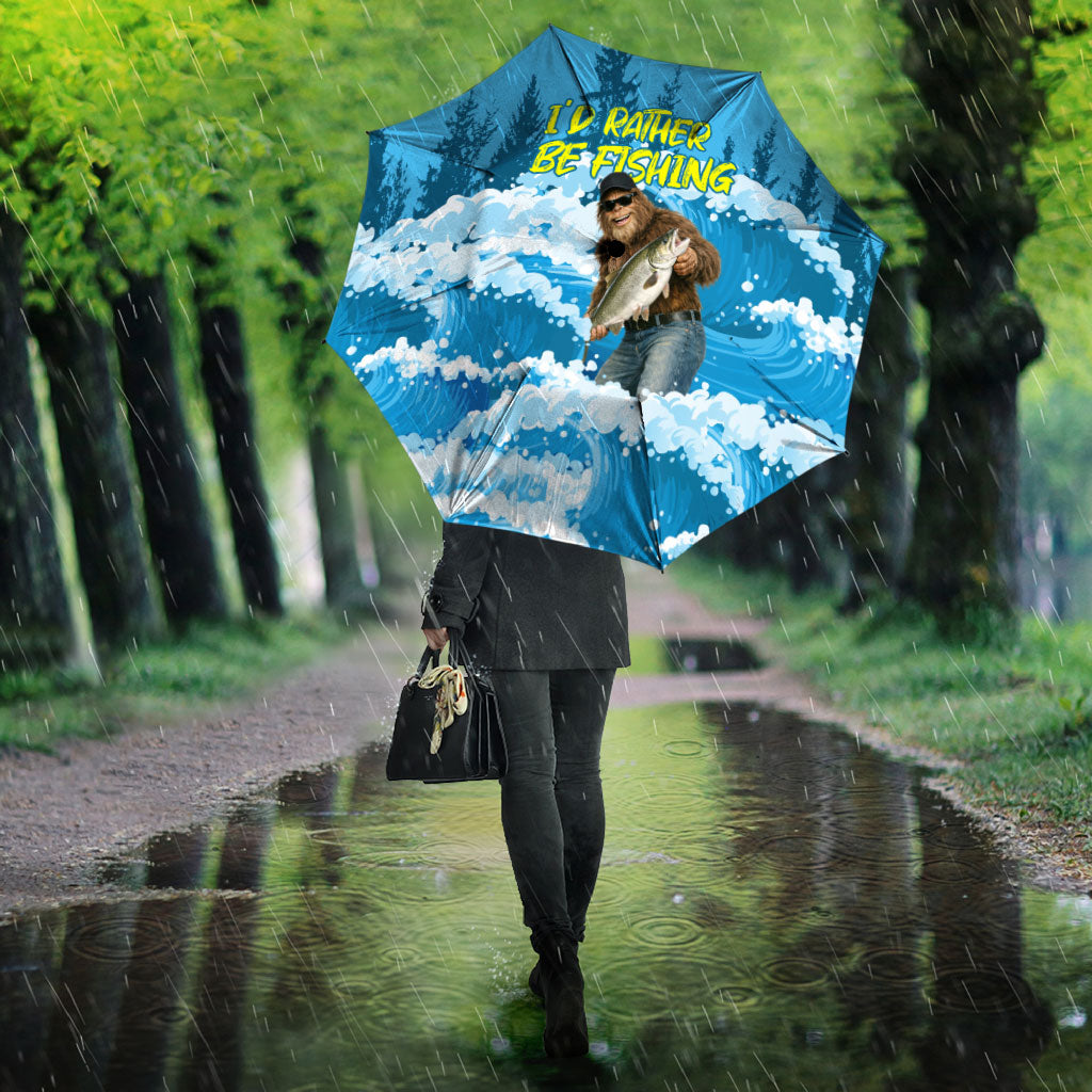 Bigfoot Sasquatch I'd Rather Be Fishing Umbrella Funny Angler Humorous Outdoors Graphic Art