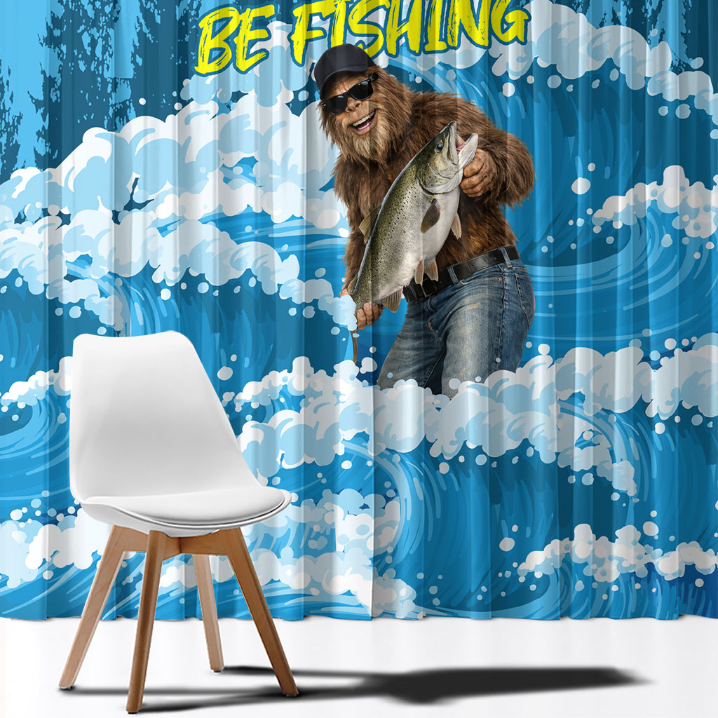 Bigfoot Sasquatch I'd Rather Be Fishing Window Curtain Funny Angler Humorous Outdoors Graphic Art