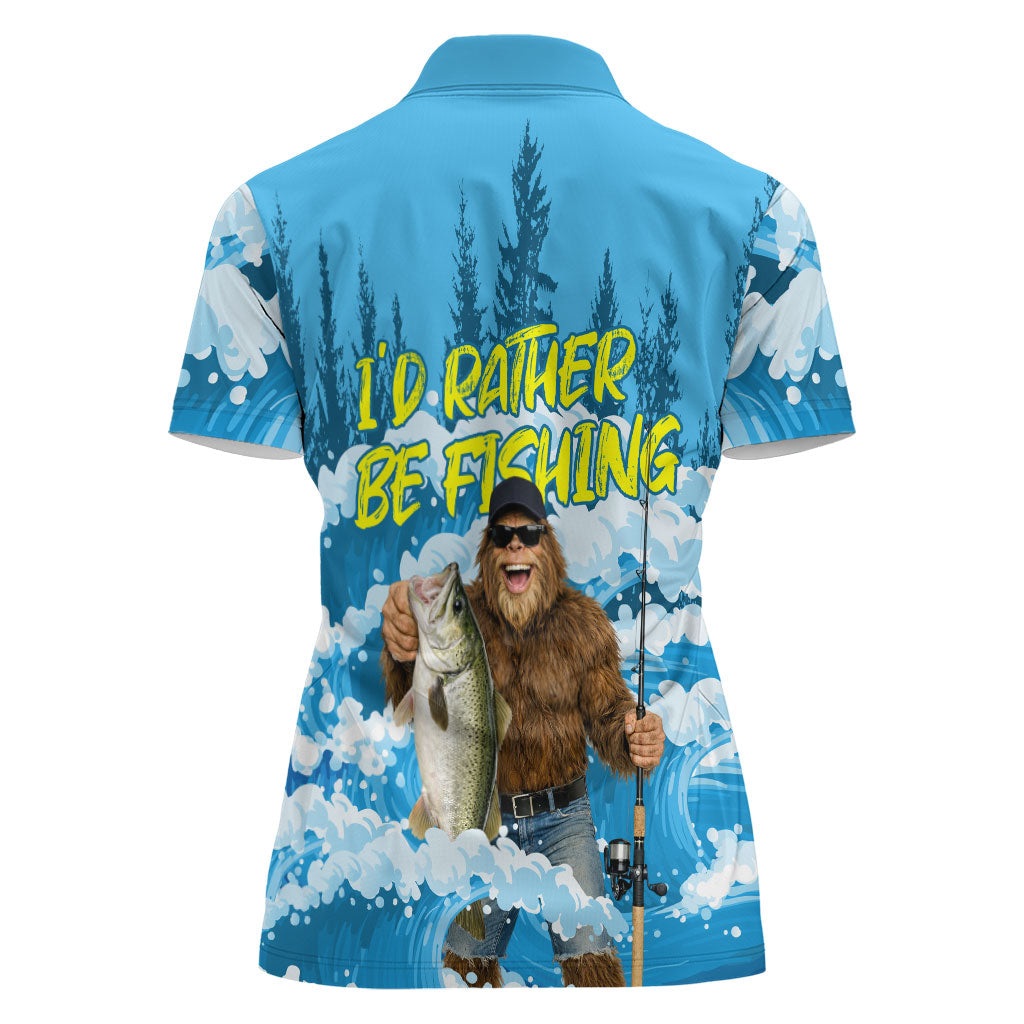 Bigfoot Sasquatch I'd Rather Be Fishing Women Polo Shirt Funny Angler Humorous Outdoors Graphic Art