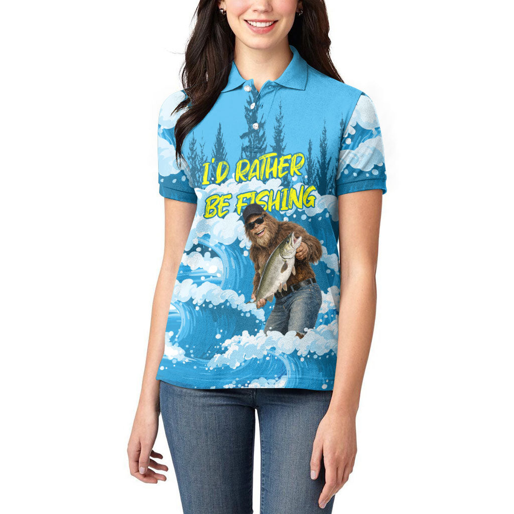 Bigfoot Sasquatch I'd Rather Be Fishing Women Polo Shirt Funny Angler Humorous Outdoors Graphic Art
