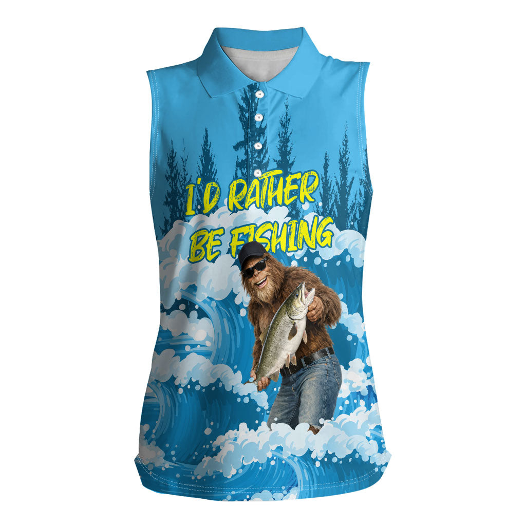 Bigfoot Sasquatch I'd Rather Be Fishing Women Sleeveless Polo Shirt Funny Angler Humorous Outdoors Graphic Art