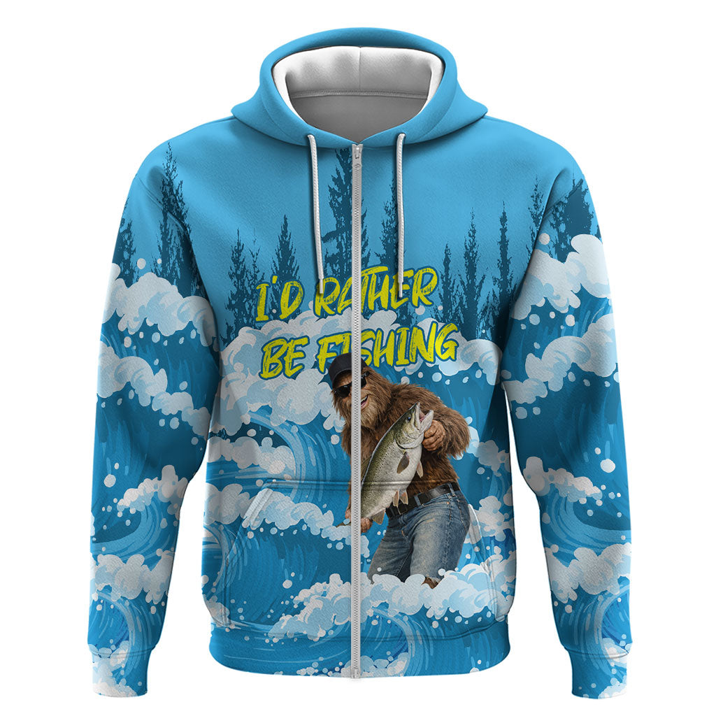Bigfoot Sasquatch I'd Rather Be Fishing Zip Hoodie Funny Angler Humorous Outdoors Graphic Art