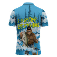 Bigfoot Sasquatch I'd Rather Be Fishing Zipper Polo Shirt Funny Angler Humorous Outdoors Graphic Art