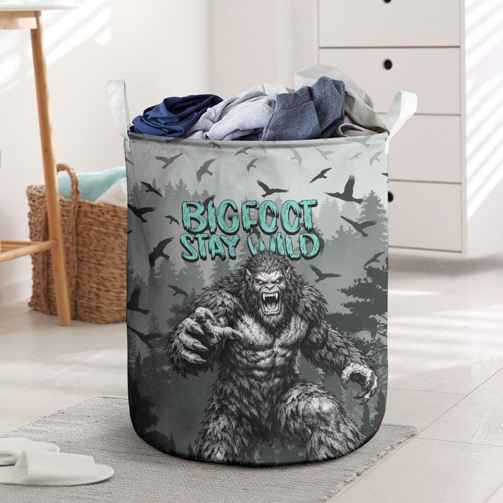 Bigfoot Stay Wild I Hate People Laundry Basket Angry Sasquatch Distressed Forest Dark Fantasy