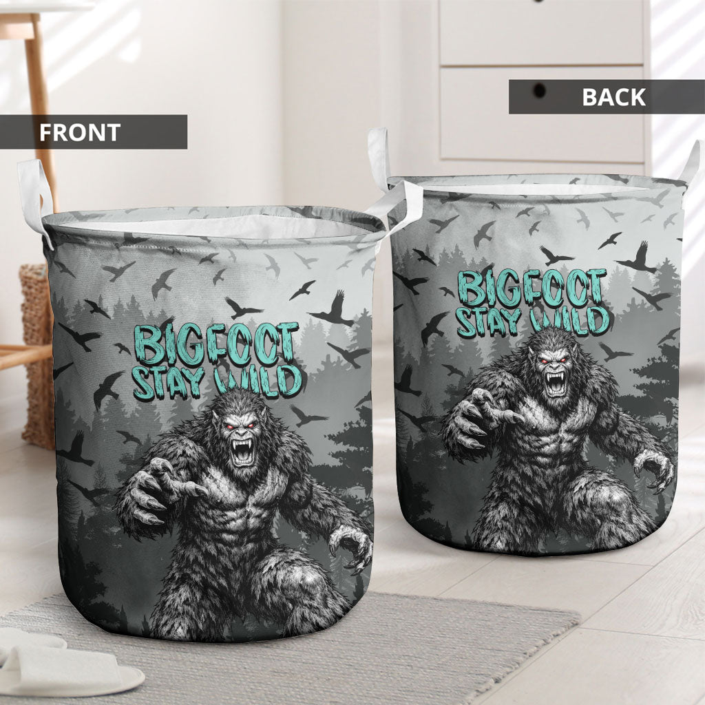 Bigfoot Stay Wild I Hate People Laundry Basket Angry Sasquatch Distressed Forest Dark Fantasy
