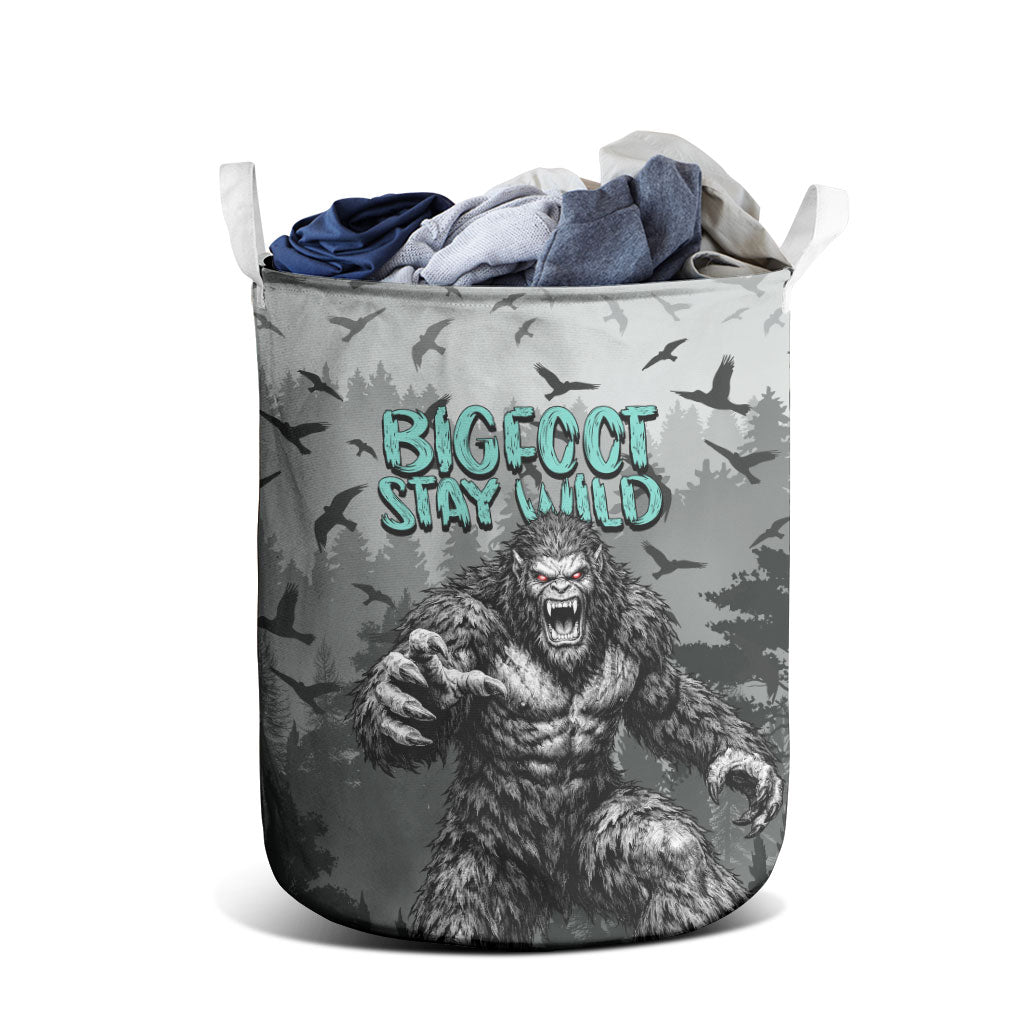 Bigfoot Stay Wild I Hate People Laundry Basket Angry Sasquatch Distressed Forest Dark Fantasy