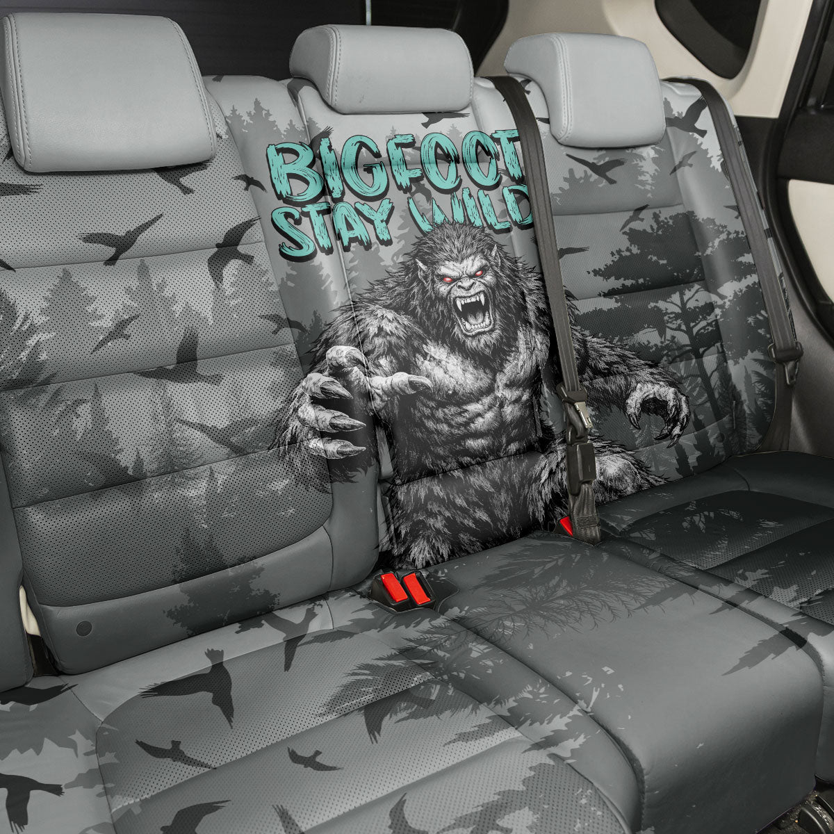 Bigfoot Stay Wild I Hate People Back Car Seat Cover Angry Sasquatch Distressed Forest Dark Fantasy