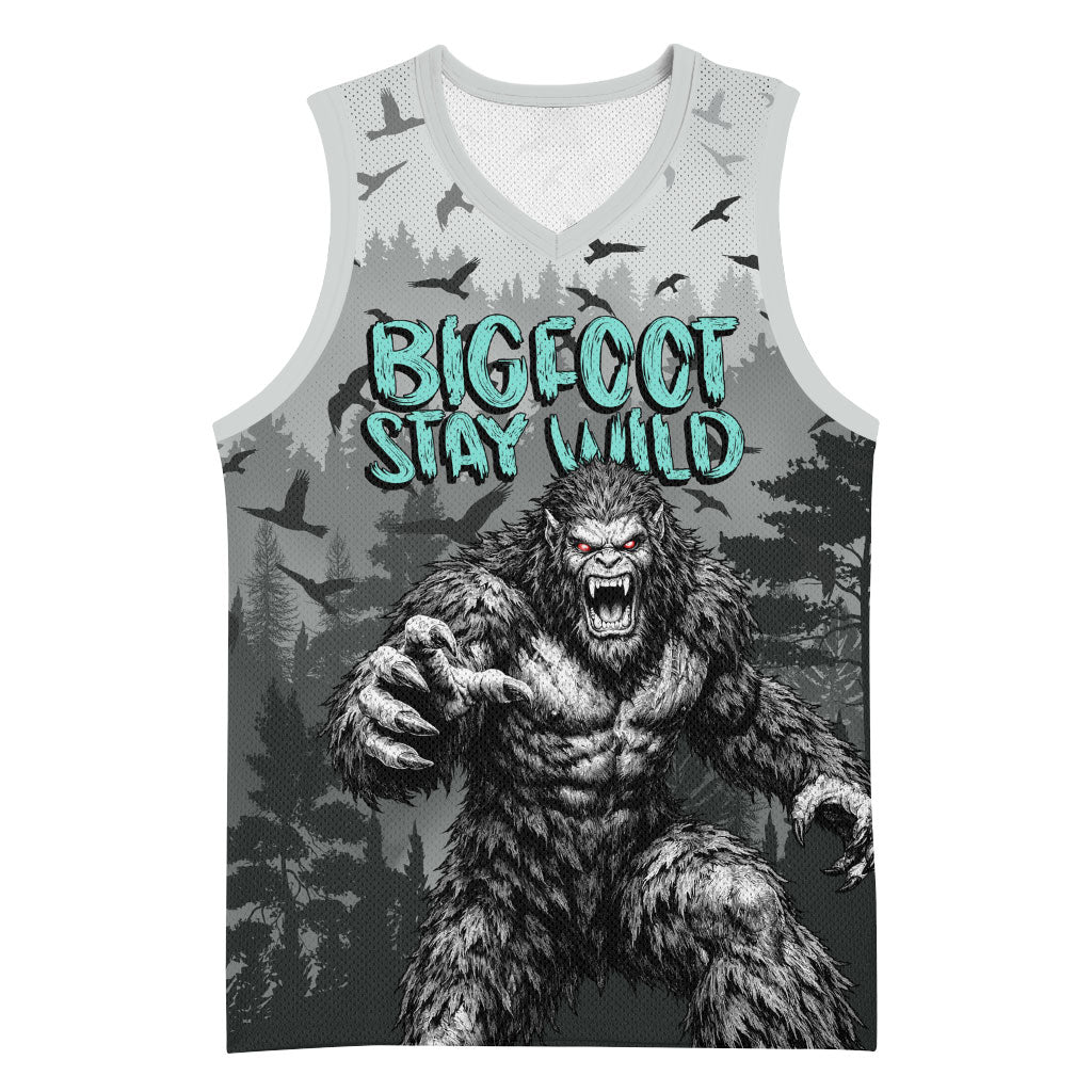 Bigfoot Stay Wild I Hate People Basketball Jersey Angry Sasquatch Distressed Forest Dark Fantasy