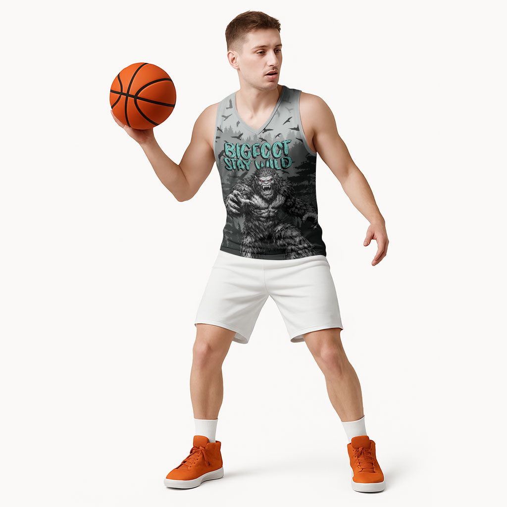 Bigfoot Stay Wild I Hate People Basketball Jersey Angry Sasquatch Distressed Forest Dark Fantasy