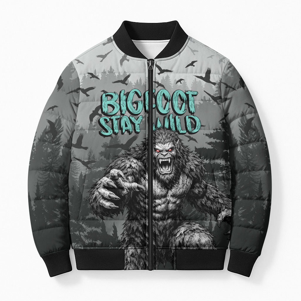 Bigfoot Stay Wild I Hate People Bomber Puffer Jacket Angry Sasquatch Distressed Forest Dark Fantasy