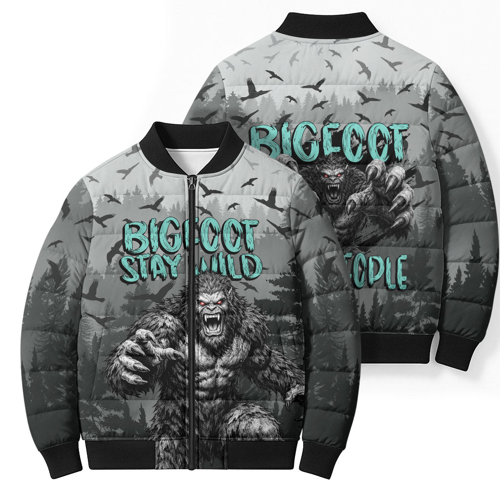 Bigfoot Stay Wild I Hate People Bomber Puffer Jacket Angry Sasquatch Distressed Forest Dark Fantasy