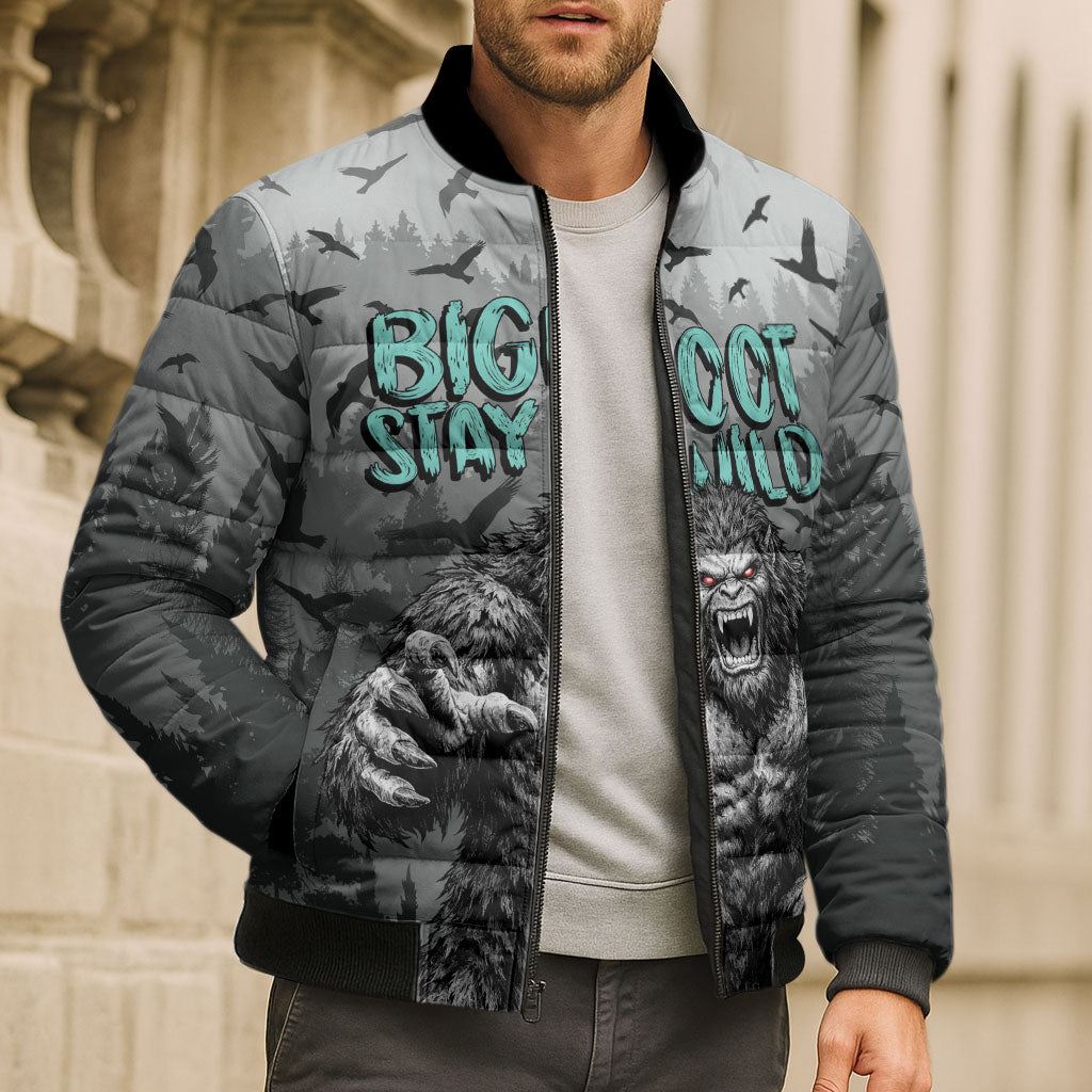 Bigfoot Stay Wild I Hate People Bomber Puffer Jacket Angry Sasquatch Distressed Forest Dark Fantasy