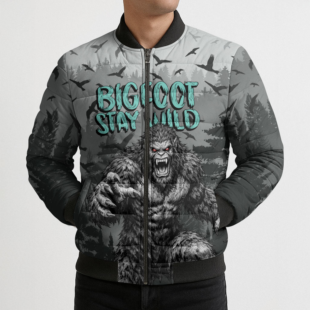 Bigfoot Stay Wild I Hate People Bomber Puffer Jacket Angry Sasquatch Distressed Forest Dark Fantasy