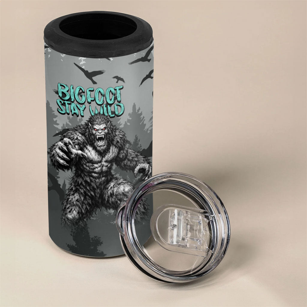 Bigfoot Stay Wild I Hate People 4 in 1 Can Cooler Tumbler Angry Sasquatch Distressed Forest Dark Fantasy