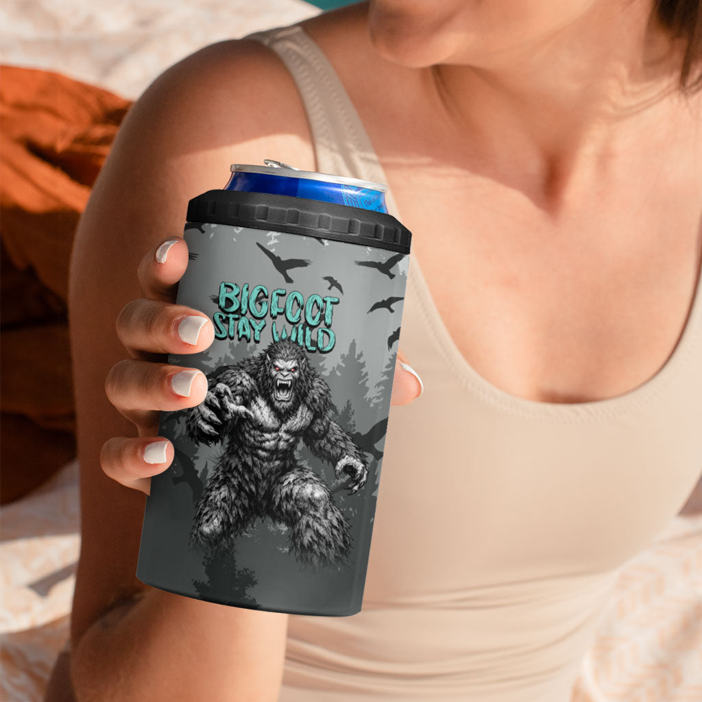 Bigfoot Stay Wild I Hate People 4 in 1 Can Cooler Tumbler Angry Sasquatch Distressed Forest Dark Fantasy