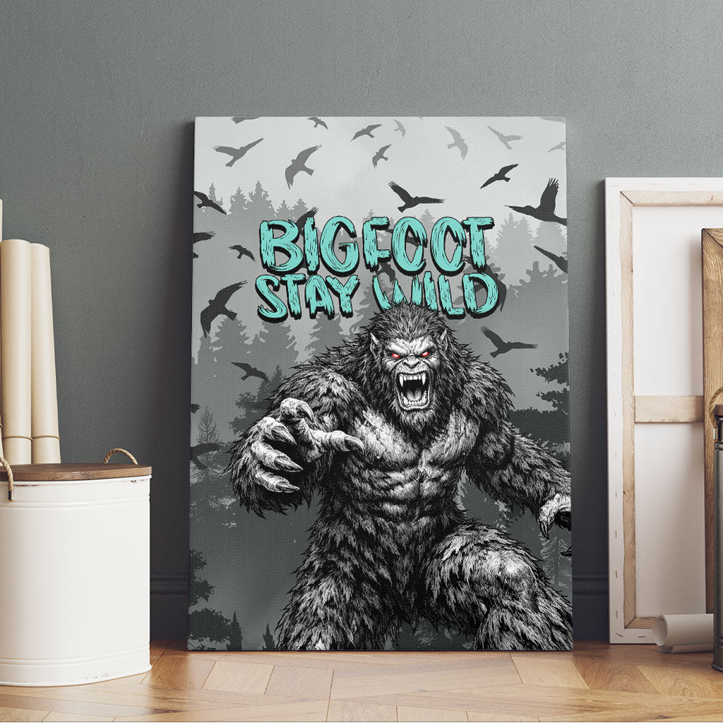 Bigfoot Stay Wild I Hate People Canvas Wall Art Angry Sasquatch Distressed Forest Dark Fantasy