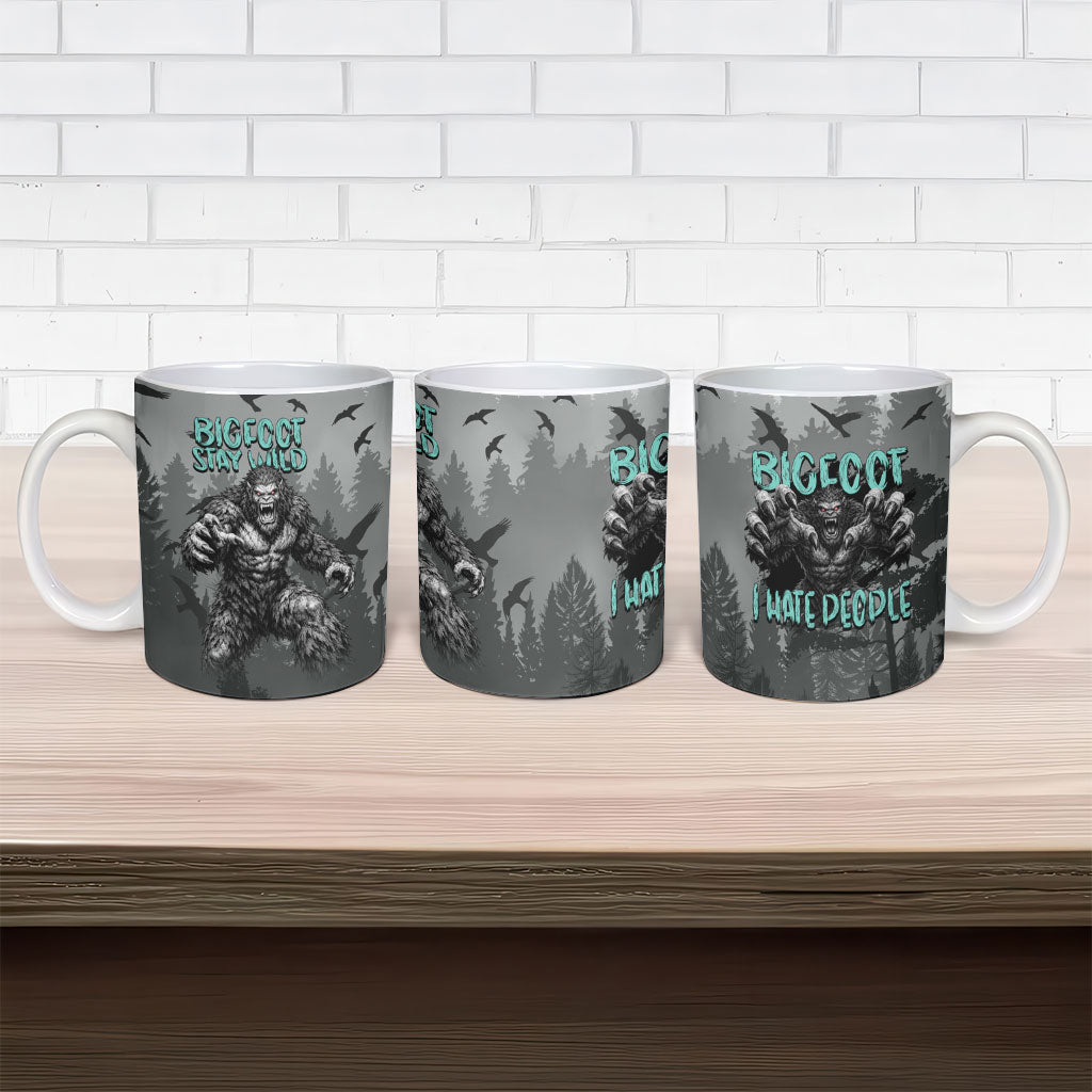 Bigfoot Stay Wild I Hate People Ceramic Mug Angry Sasquatch Distressed Forest Dark Fantasy