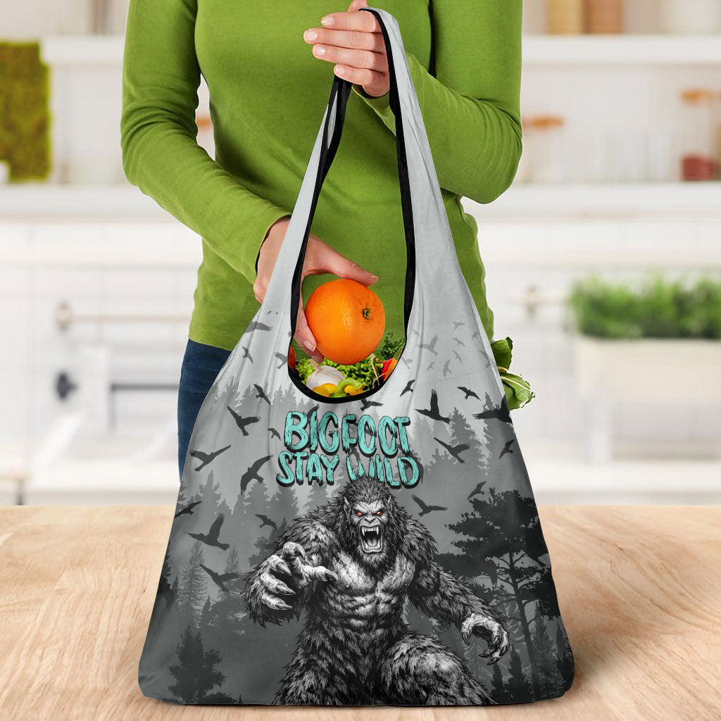 Bigfoot Stay Wild I Hate People Grocery Bag Angry Sasquatch Distressed Forest Dark Fantasy