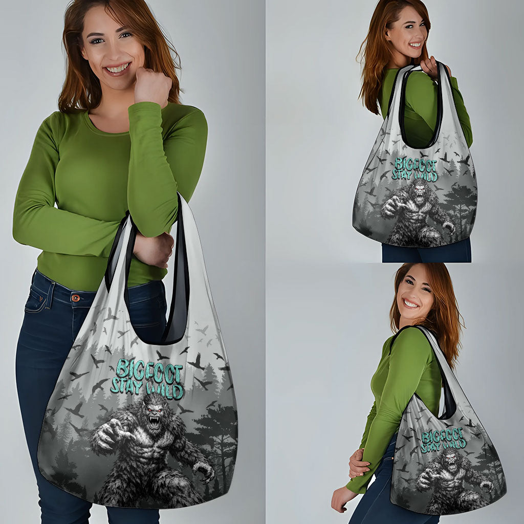 Bigfoot Stay Wild I Hate People Grocery Bag Angry Sasquatch Distressed Forest Dark Fantasy