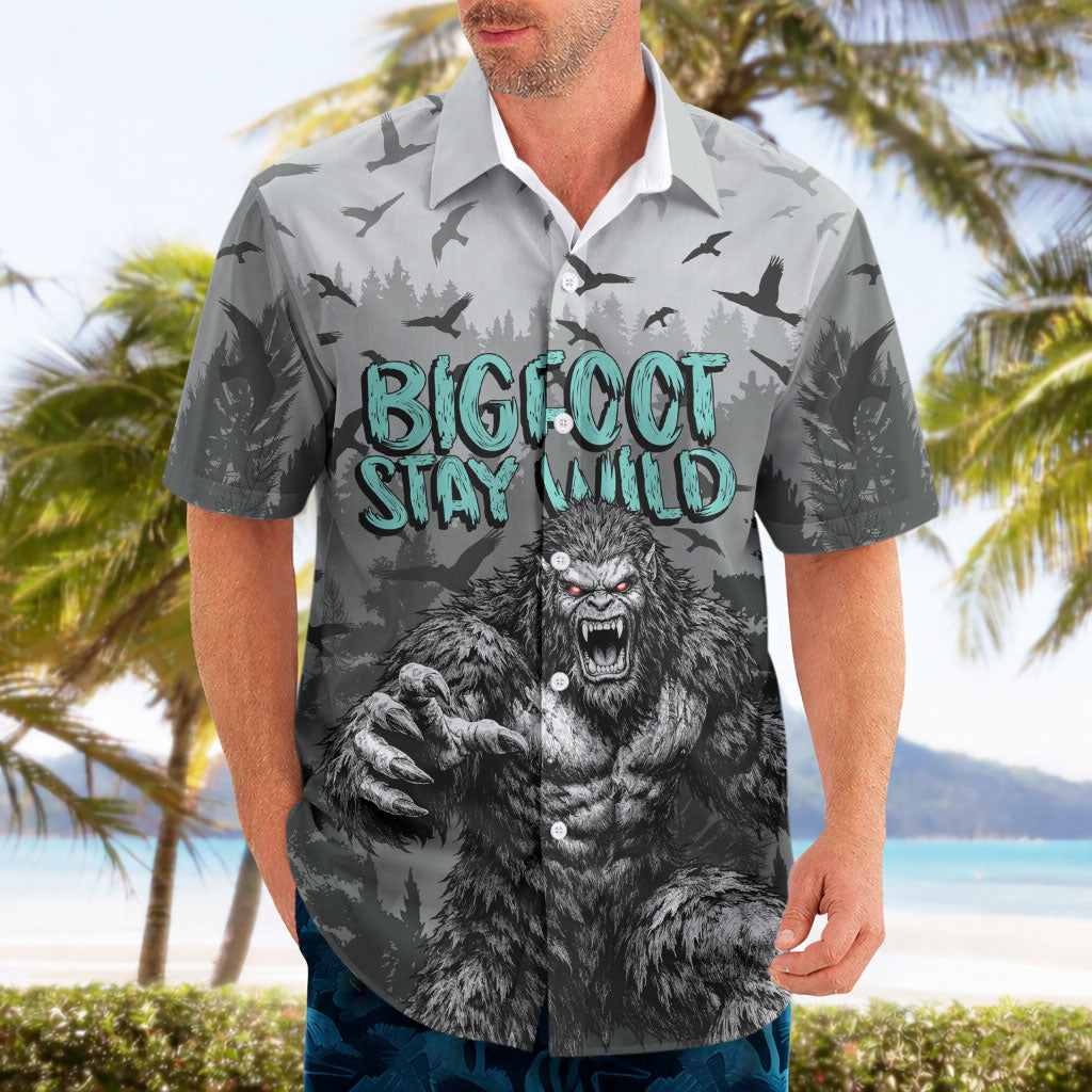 Bigfoot Stay Wild I Hate People Hawaiian Shirt Angry Sasquatch Distressed Forest Dark Fantasy