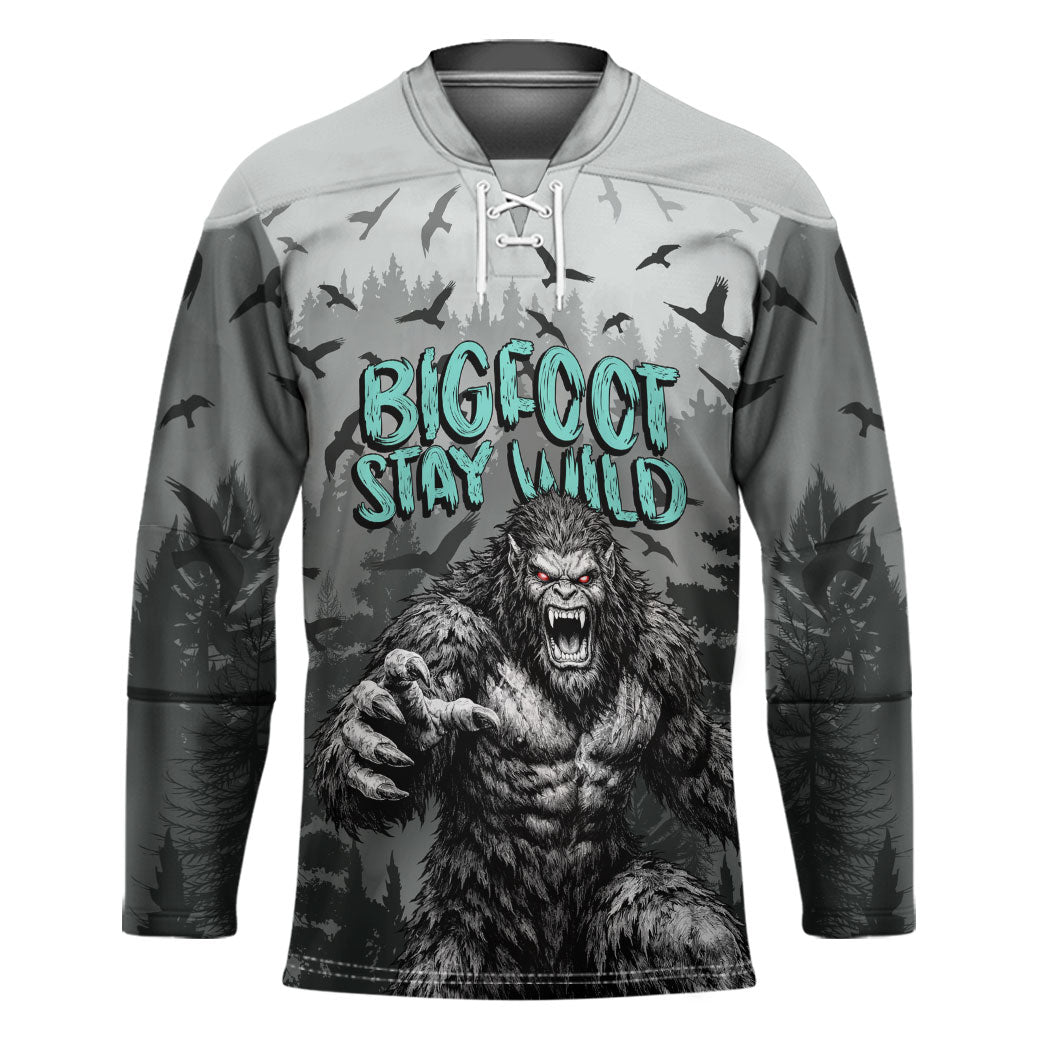 Bigfoot Stay Wild I Hate People Hockey Jersey Angry Sasquatch Distressed Forest Dark Fantasy