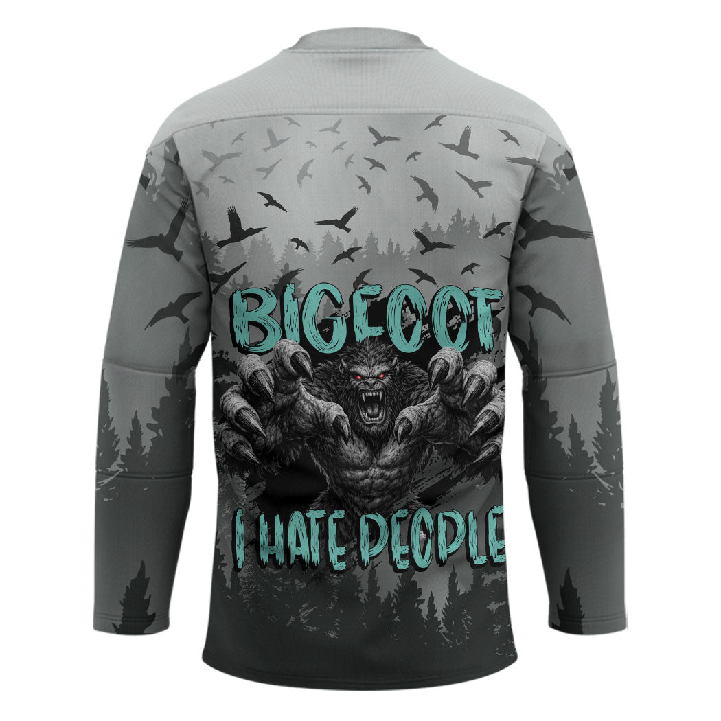 Bigfoot Stay Wild I Hate People Hockey Jersey Angry Sasquatch Distressed Forest Dark Fantasy
