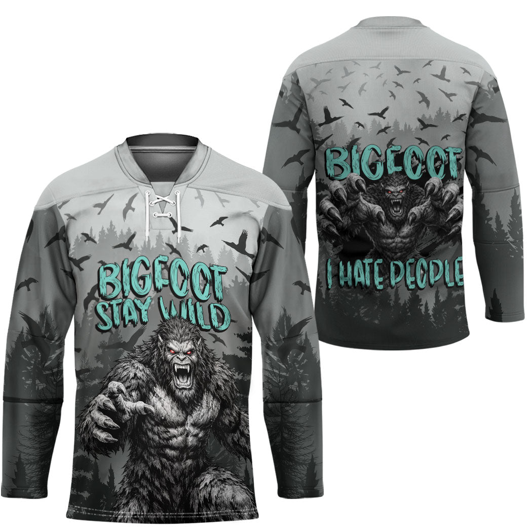 Bigfoot Stay Wild I Hate People Hockey Jersey Angry Sasquatch Distressed Forest Dark Fantasy