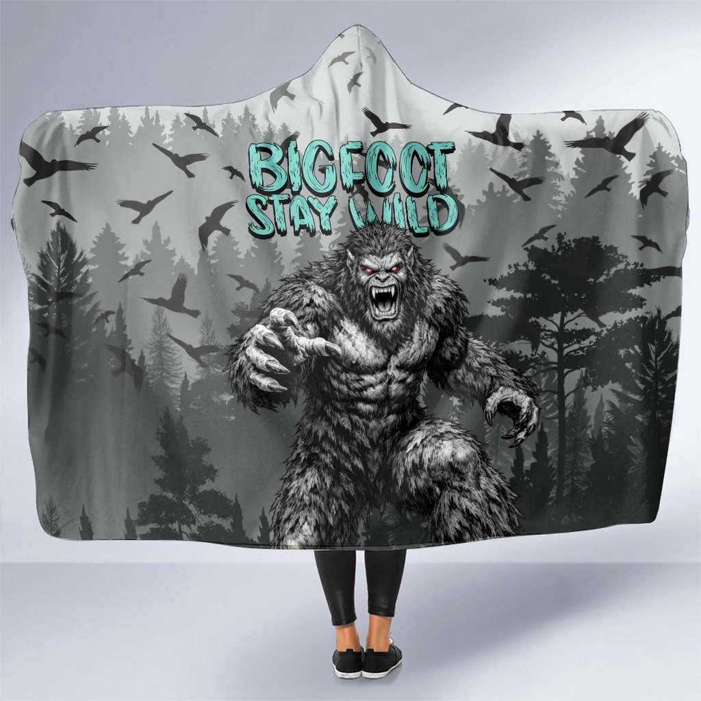 Bigfoot Stay Wild I Hate People Hooded Blanket Angry Sasquatch Distressed Forest Dark Fantasy