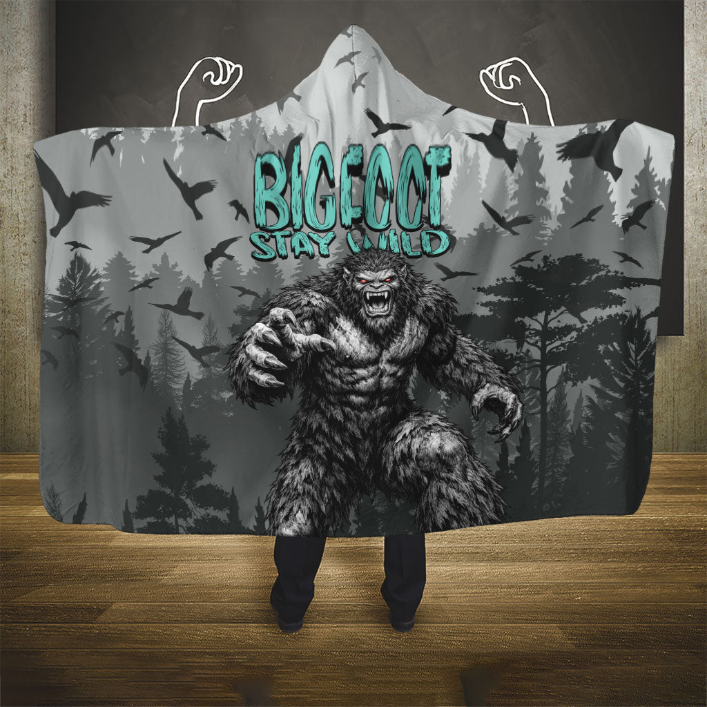 Bigfoot Stay Wild I Hate People Hooded Blanket Angry Sasquatch Distressed Forest Dark Fantasy