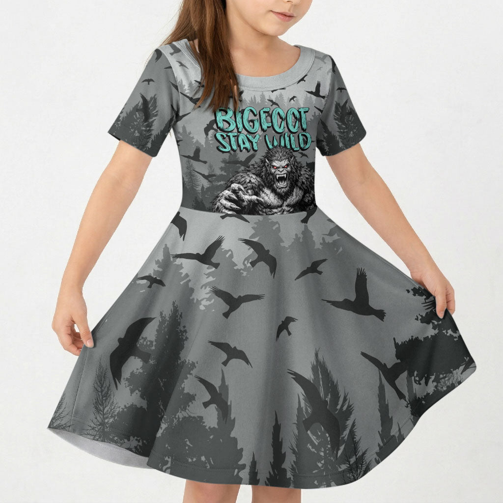 Bigfoot Stay Wild I Hate People Kid Short Sleeve Dress Angry Sasquatch Distressed Forest Dark Fantasy