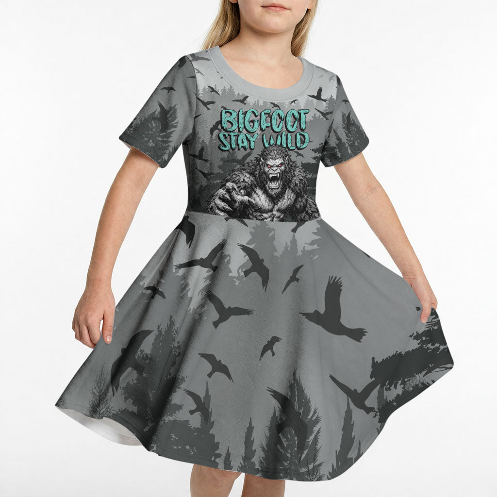 Bigfoot Stay Wild I Hate People Kid Short Sleeve Dress Angry Sasquatch Distressed Forest Dark Fantasy