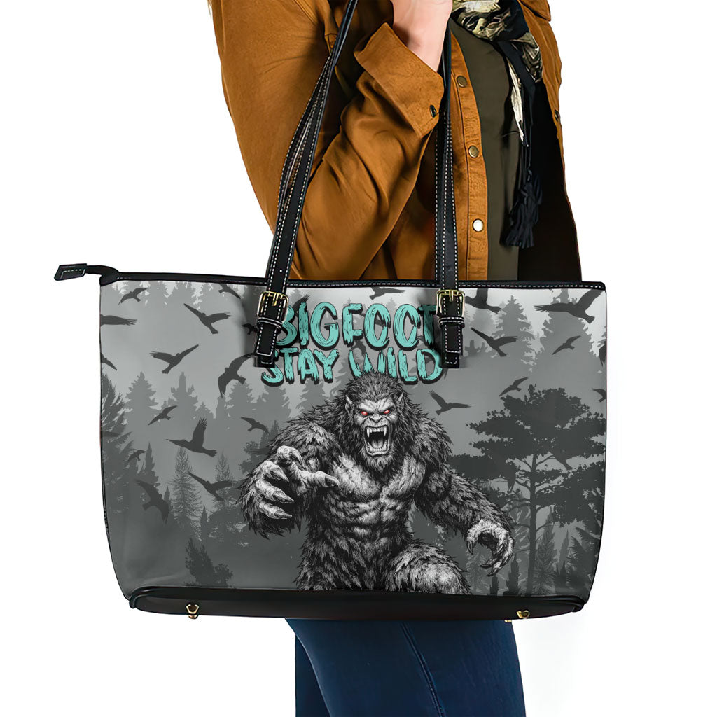 Bigfoot Stay Wild I Hate People Leather Tote Bag Angry Sasquatch Distressed Forest Dark Fantasy