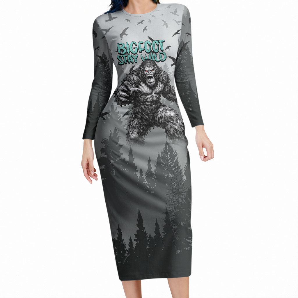 Bigfoot Stay Wild I Hate People Long Sleeve Bodycon Dress Angry Sasquatch Distressed Forest Dark Fantasy