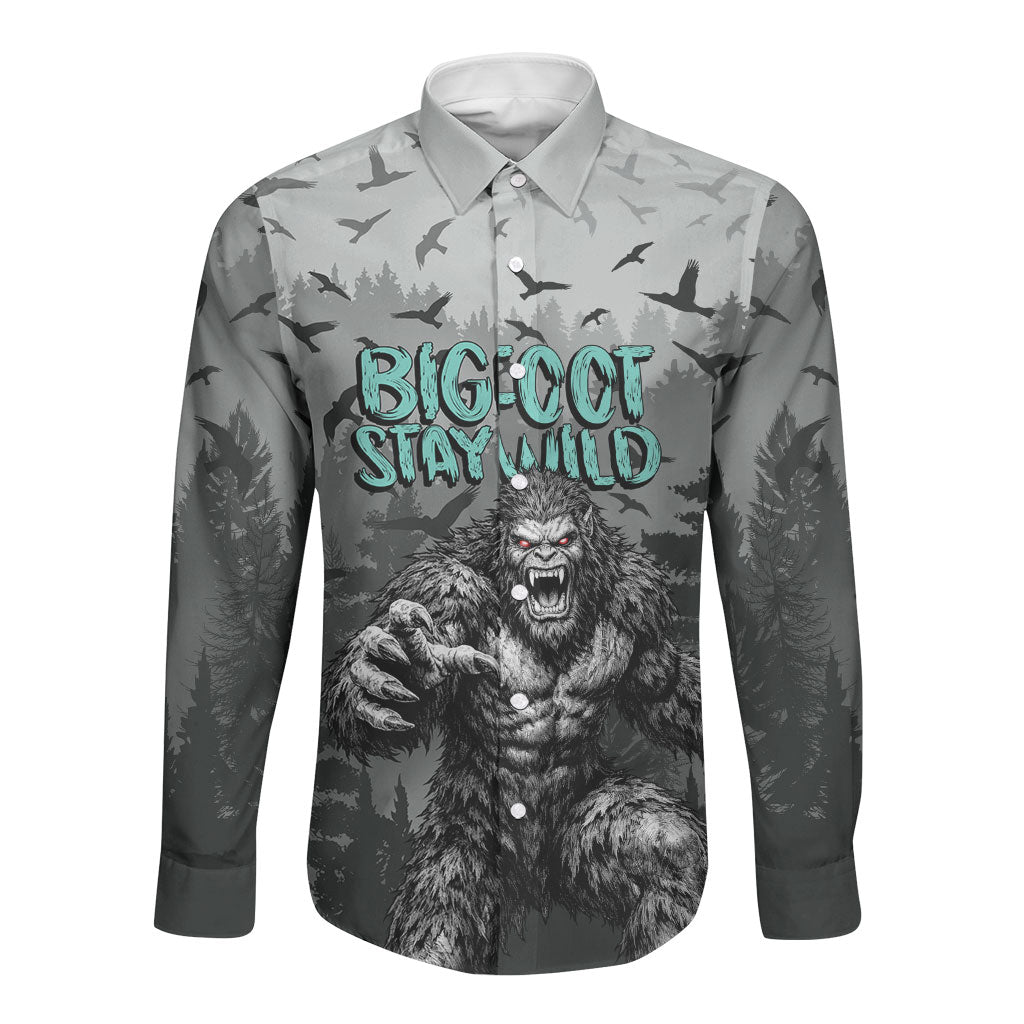 Bigfoot Stay Wild I Hate People Long Sleeve Button Shirt Angry Sasquatch Distressed Forest Dark Fantasy