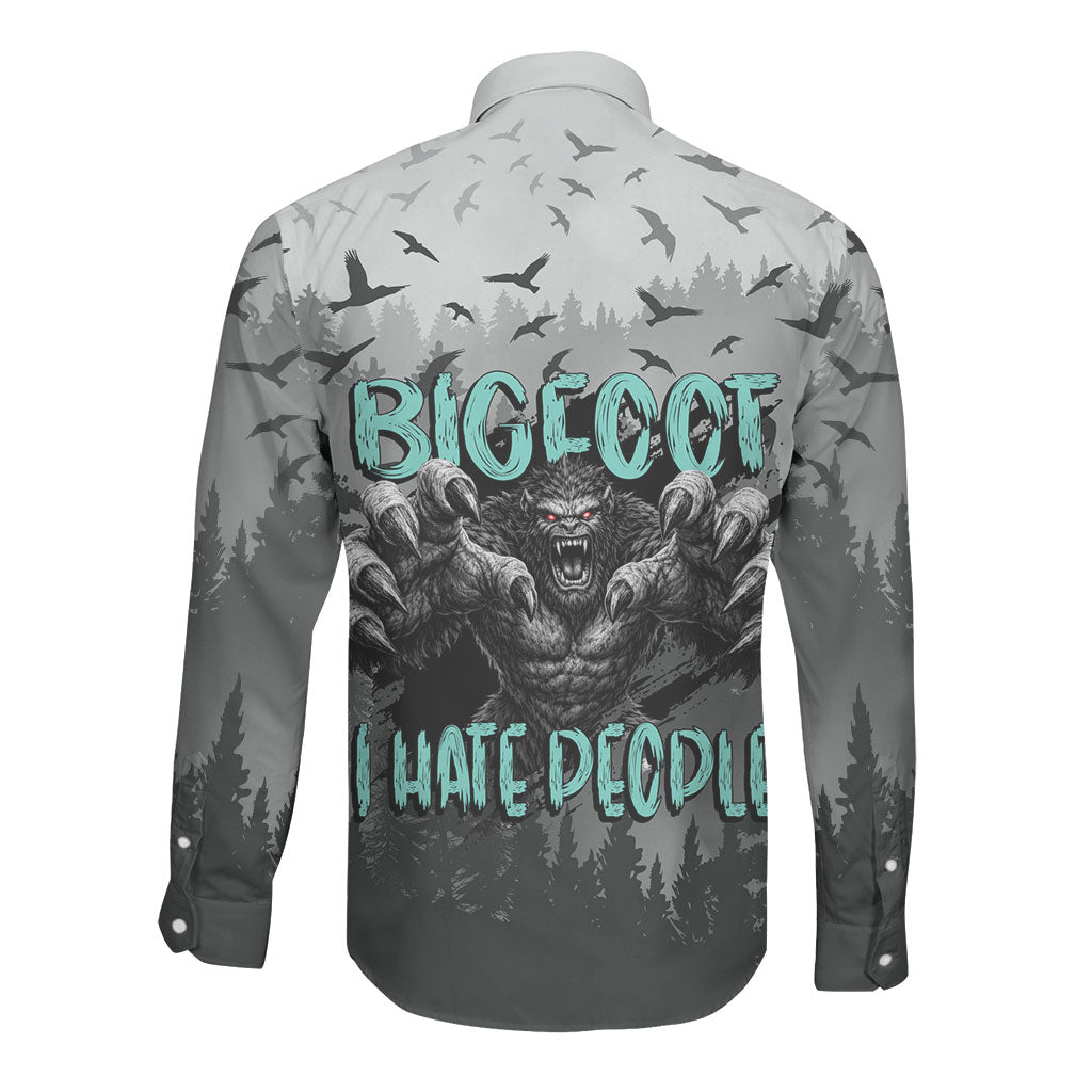 Bigfoot Stay Wild I Hate People Long Sleeve Button Shirt Angry Sasquatch Distressed Forest Dark Fantasy