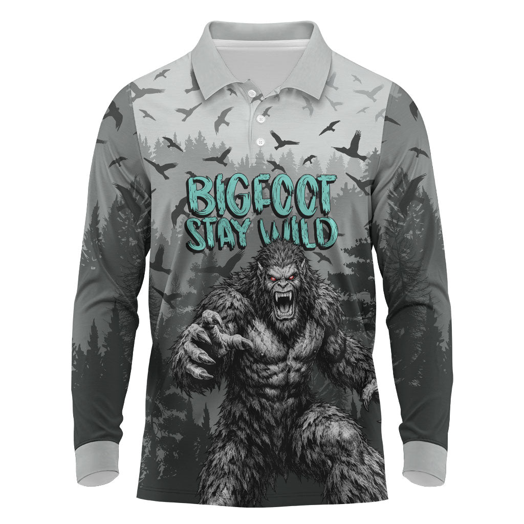 Bigfoot Stay Wild I Hate People Long Sleeve Polo Shirt Angry Sasquatch Distressed Forest Dark Fantasy