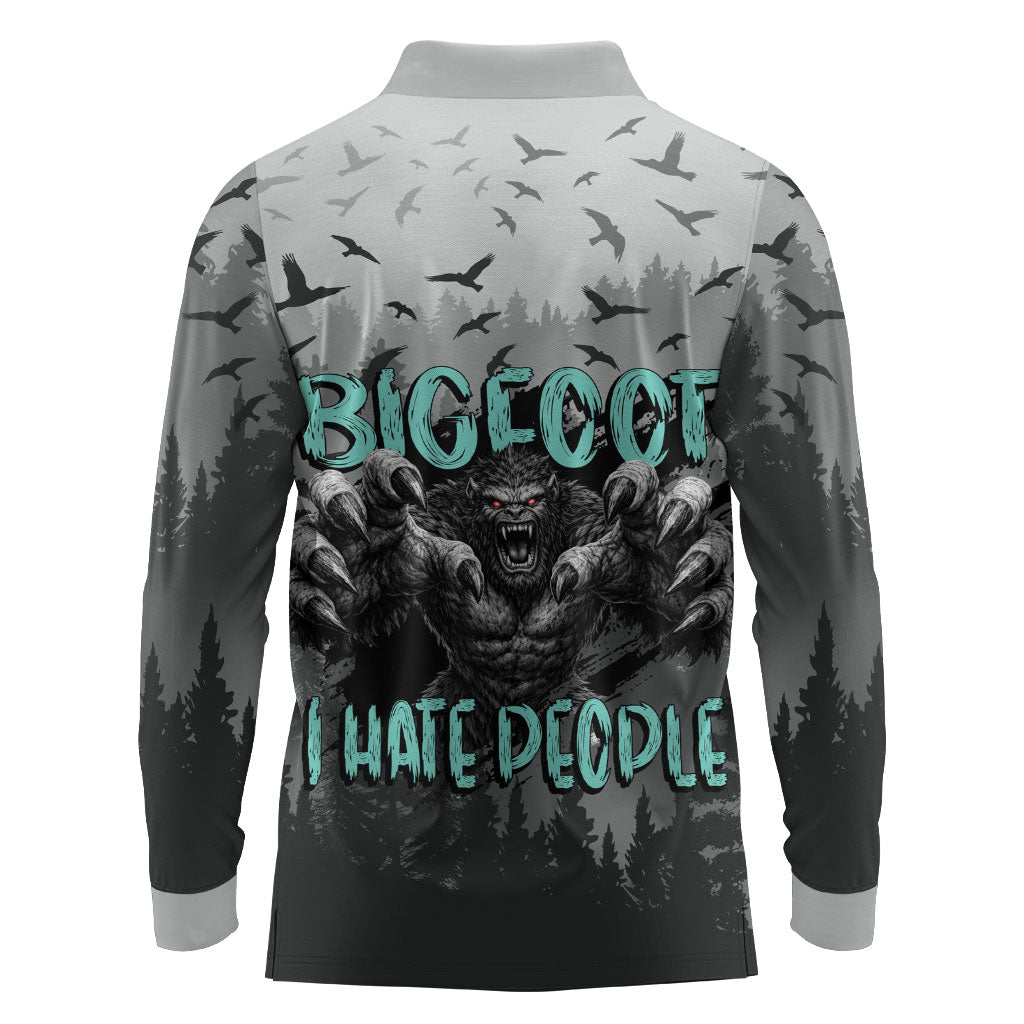 Bigfoot Stay Wild I Hate People Long Sleeve Polo Shirt Angry Sasquatch Distressed Forest Dark Fantasy