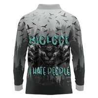 Bigfoot Stay Wild I Hate People Long Sleeve Polo Shirt Angry Sasquatch Distressed Forest Dark Fantasy