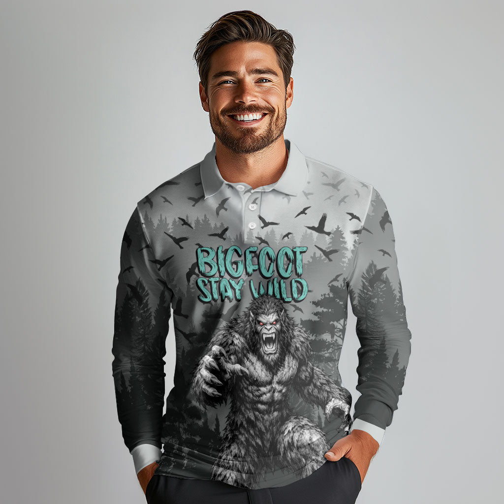 Bigfoot Stay Wild I Hate People Long Sleeve Polo Shirt Angry Sasquatch Distressed Forest Dark Fantasy