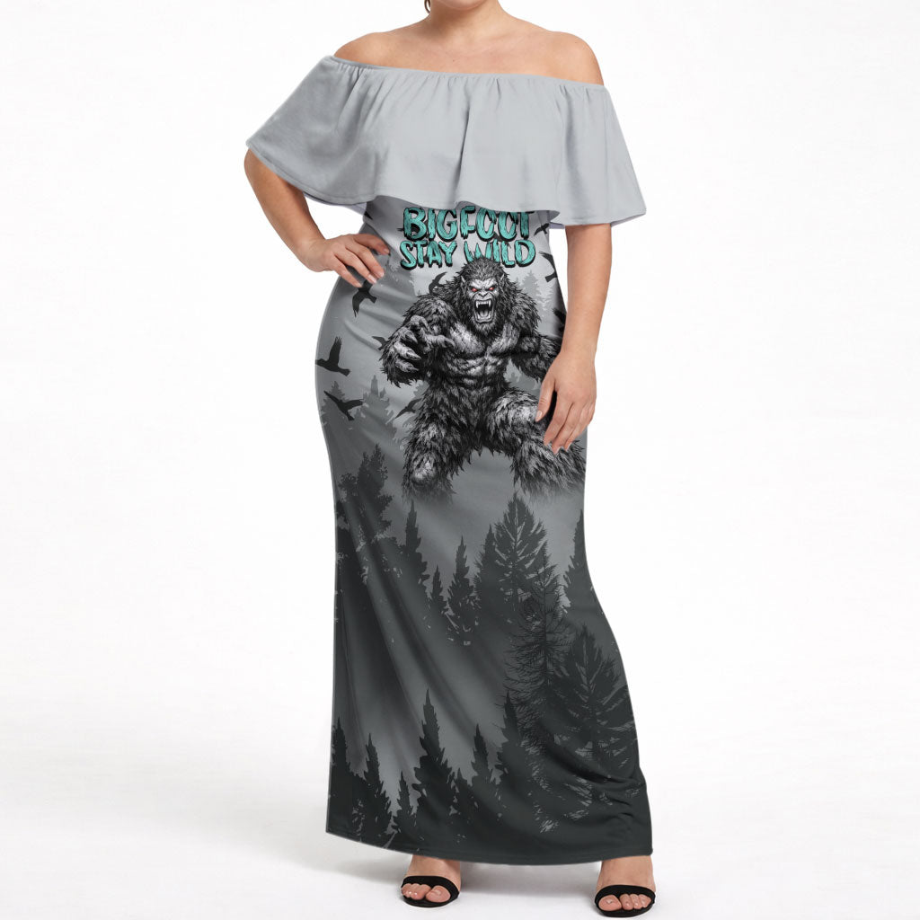 Bigfoot Stay Wild I Hate People Off Shoulder Maxi Dress Angry Sasquatch Distressed Forest Dark Fantasy