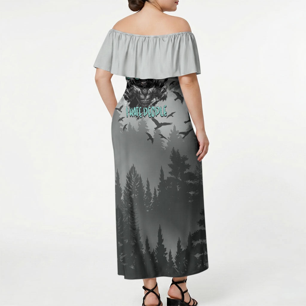 Bigfoot Stay Wild I Hate People Off Shoulder Maxi Dress Angry Sasquatch Distressed Forest Dark Fantasy