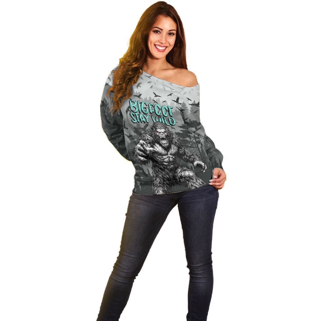 Bigfoot Stay Wild I Hate People Off Shoulder Sweater Angry Sasquatch Distressed Forest Dark Fantasy