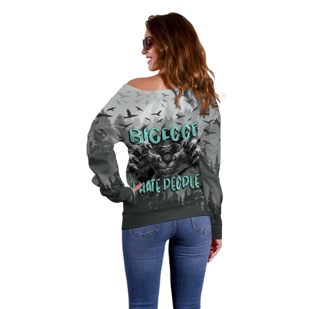Bigfoot Stay Wild I Hate People Off Shoulder Sweater Angry Sasquatch Distressed Forest Dark Fantasy