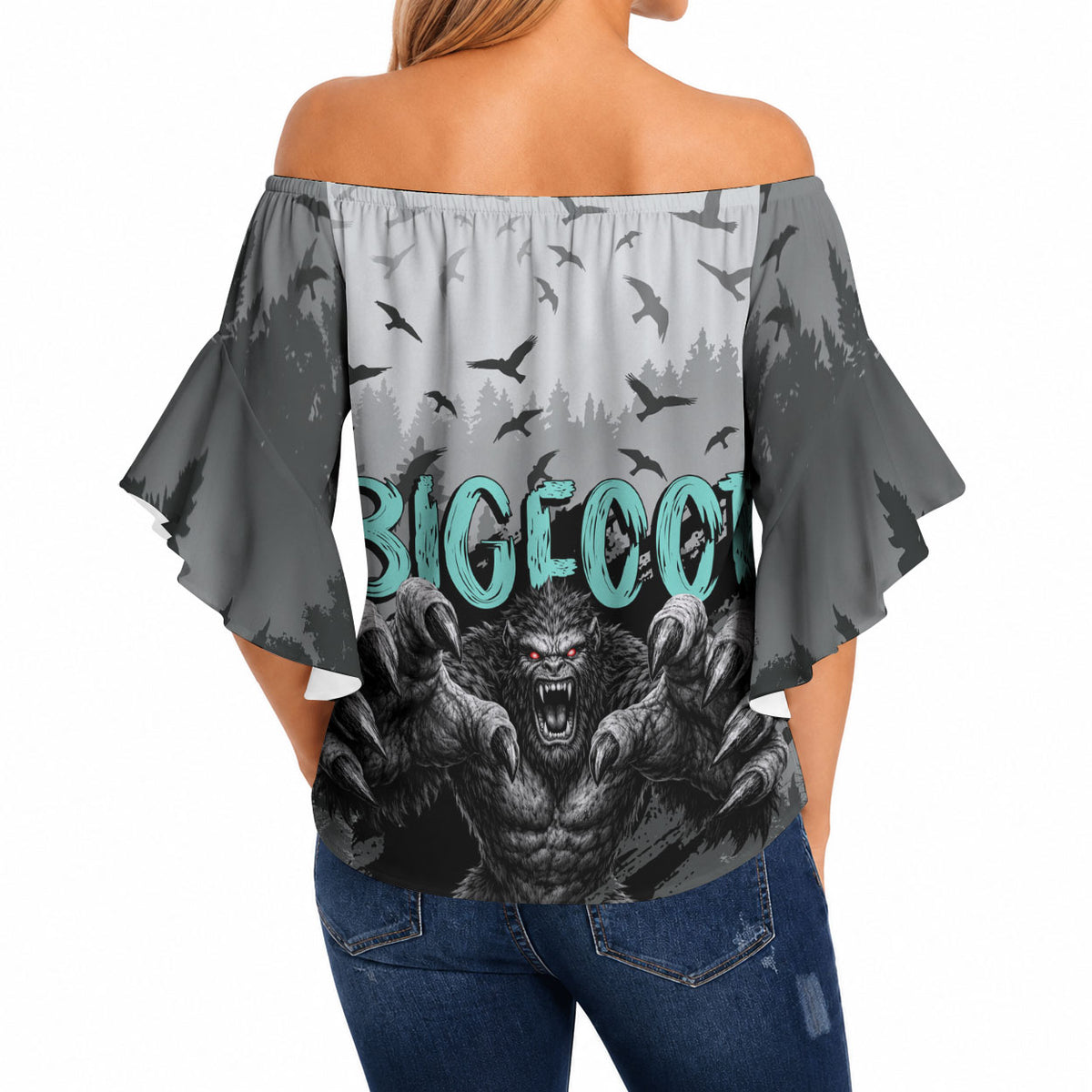 Bigfoot Stay Wild I Hate People Off Shoulder Wrap Waist Top Angry Sasquatch Distressed Forest Dark Fantasy