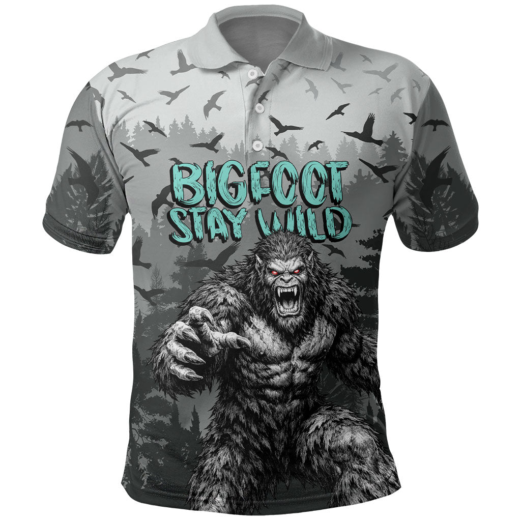 Bigfoot Stay Wild I Hate People Polo Shirt Angry Sasquatch Distressed Forest Dark Fantasy